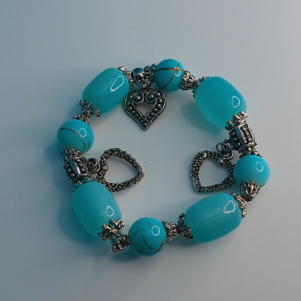 Women's Blue Clear Crystal beaded Bracelet, with little silver hearts